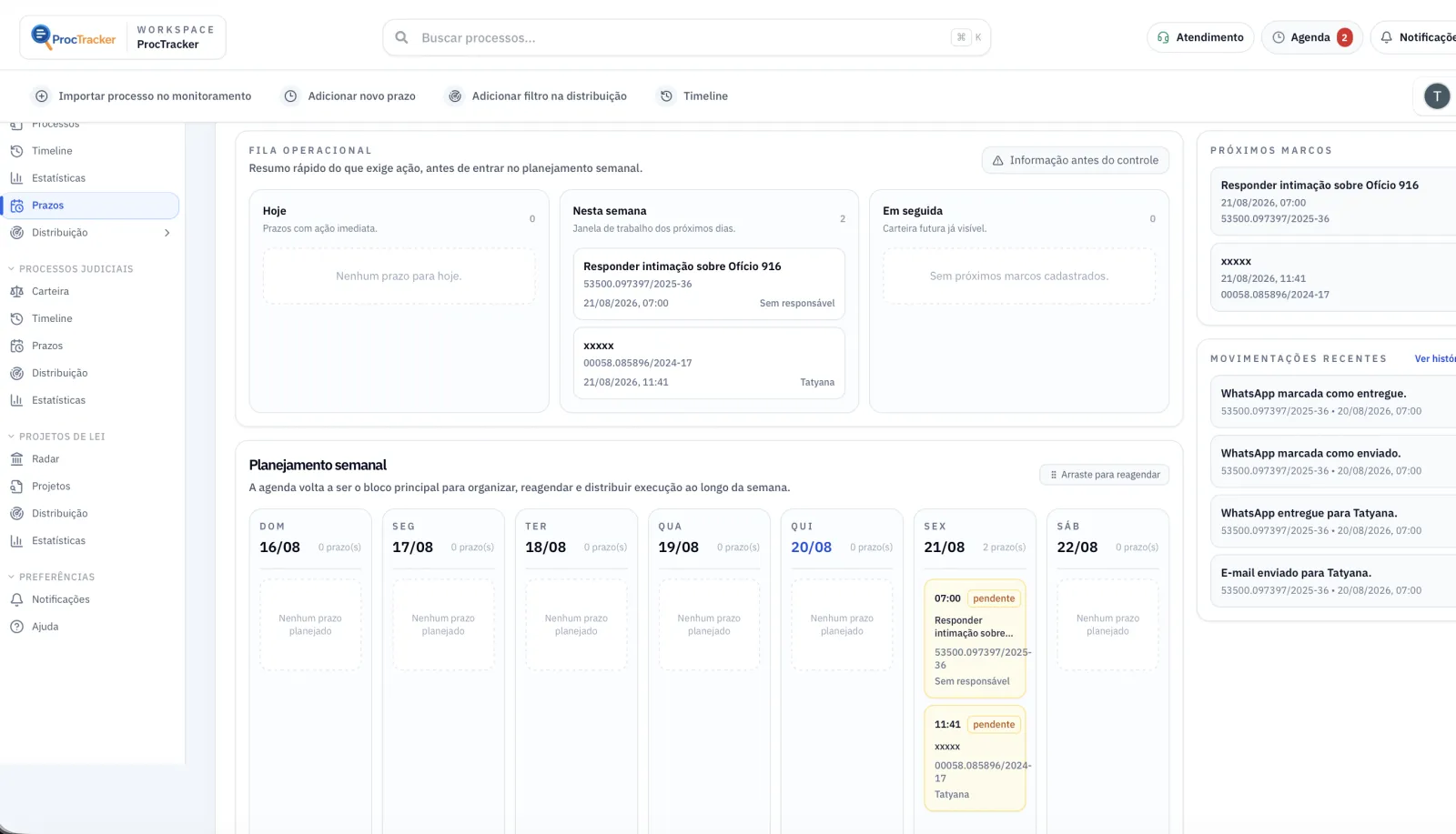 Tela de prazos do ProcTracker com fila operacional e planejamento semanal por dia