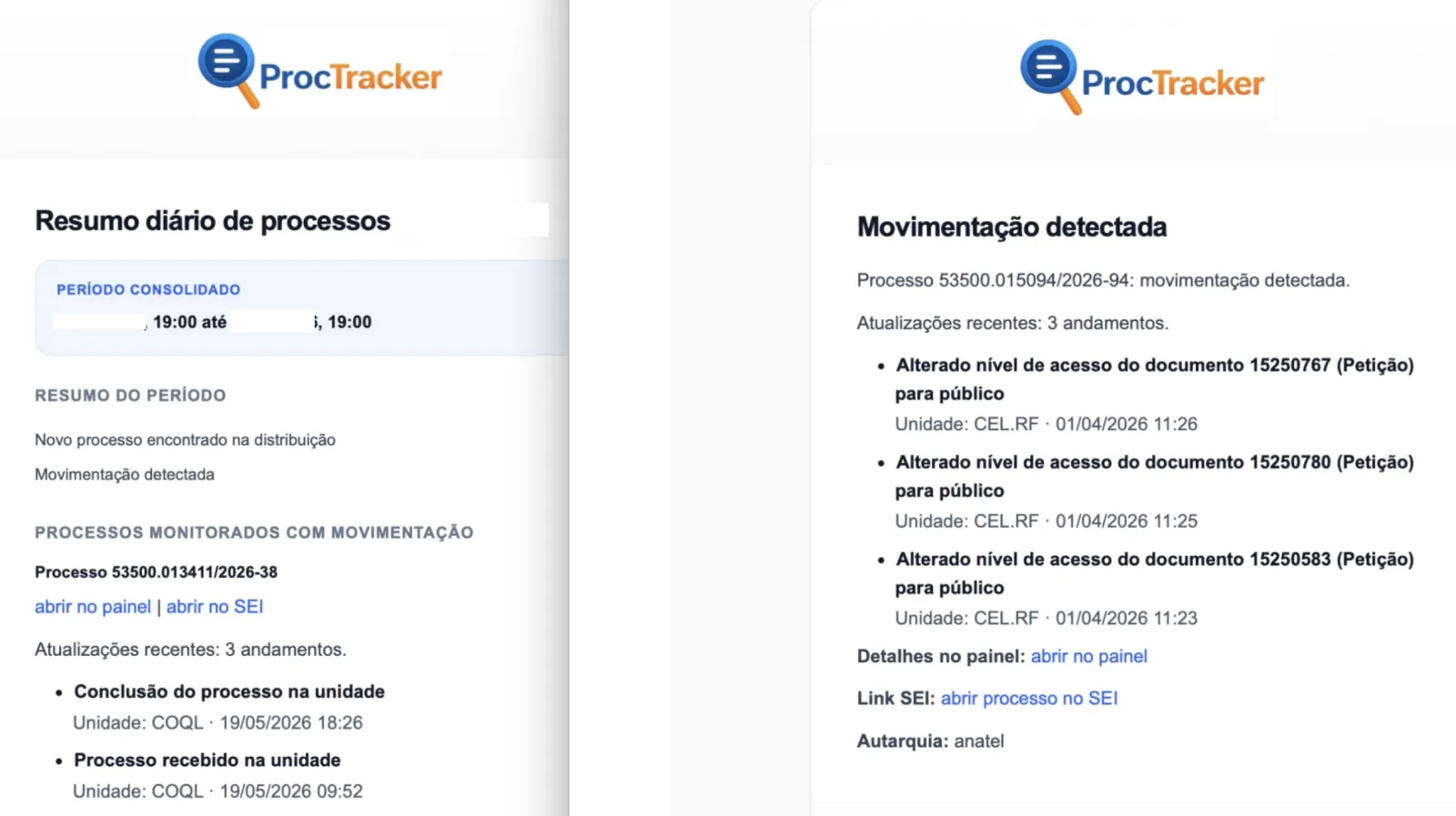 E-mails do ProcTracker com resumo diário de processos e aviso de movimentação detectada