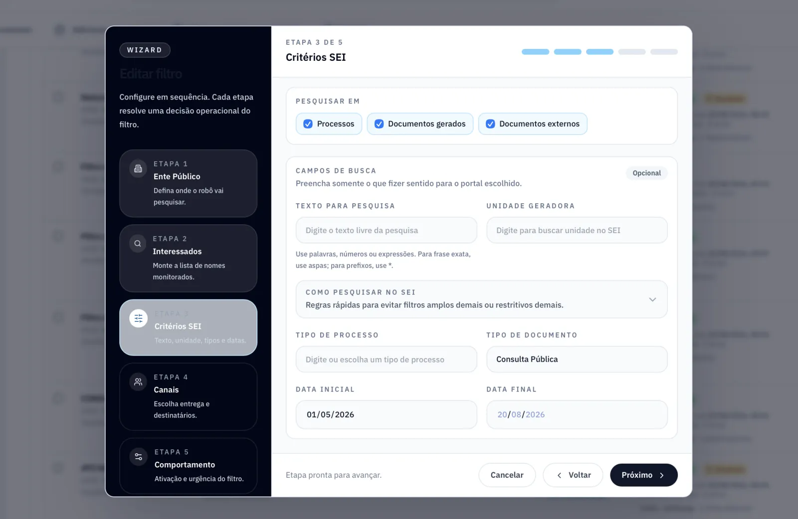 Assistente de filtro do ProcTracker na etapa de critérios SEI, com texto, unidade, tipos e datas