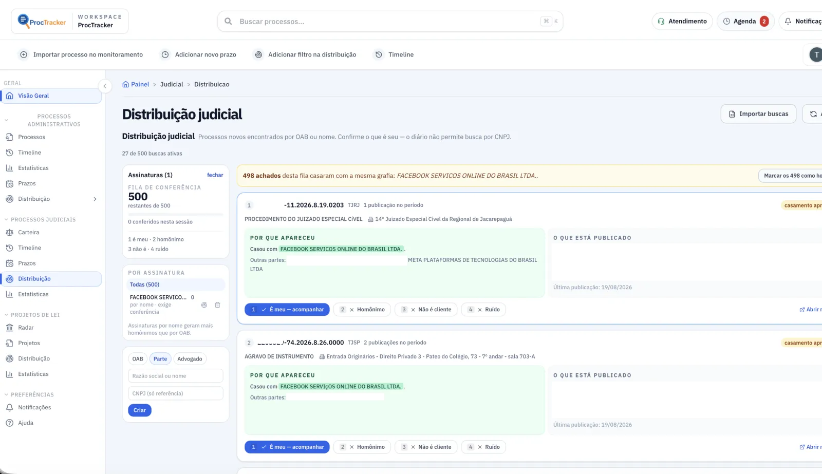 Tela de distribuições judiciais do ProcTracker com filtros por critério de interesse e lista de novos processos encontrados