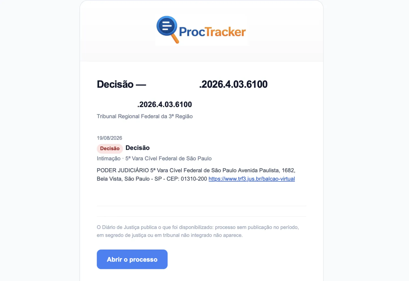 E-mail do ProcTracker avisando decisão judicial, com tribunal, vara e link para o processo