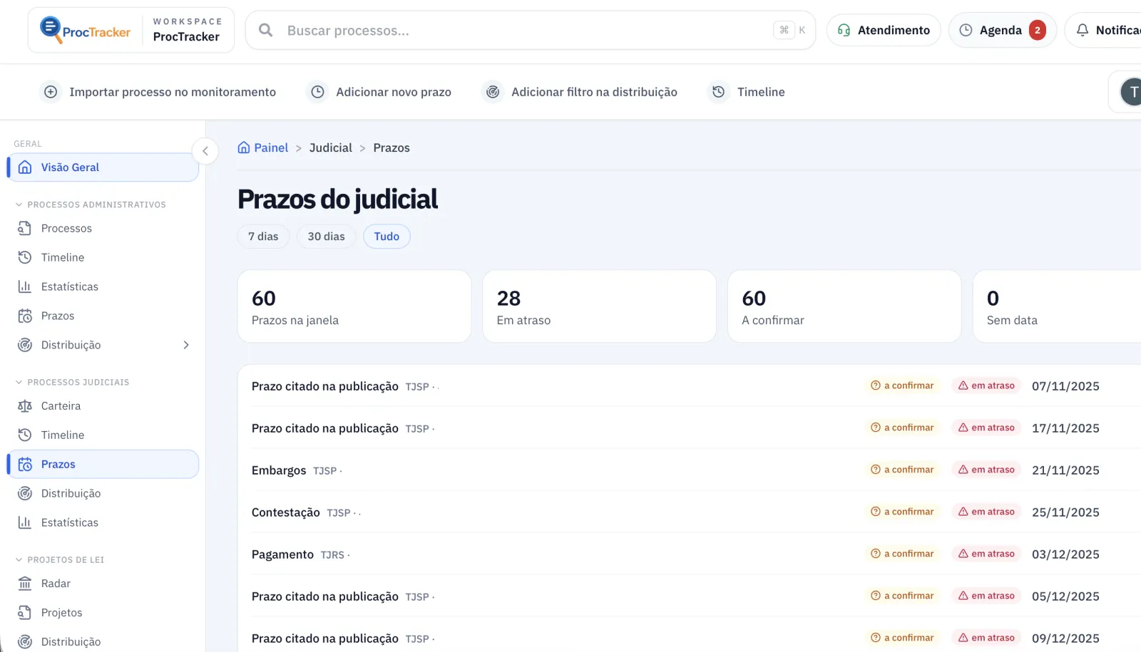 Agenda de prazos judiciais do ProcTracker com vencimentos e responsáveis