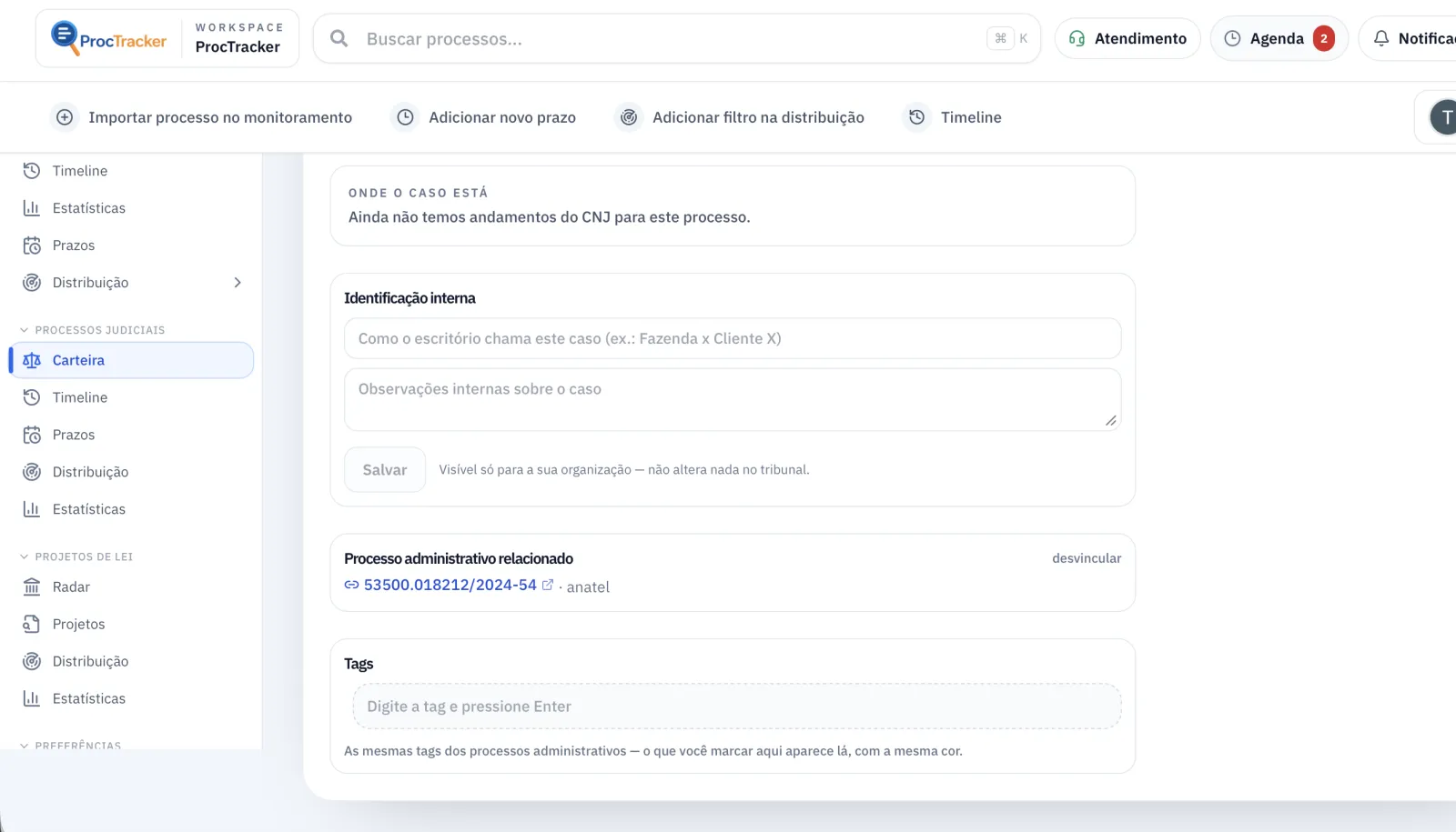 Tela do ProcTracker com processos vinculados, mostrando a relação entre um processo judicial e os casos relacionados
