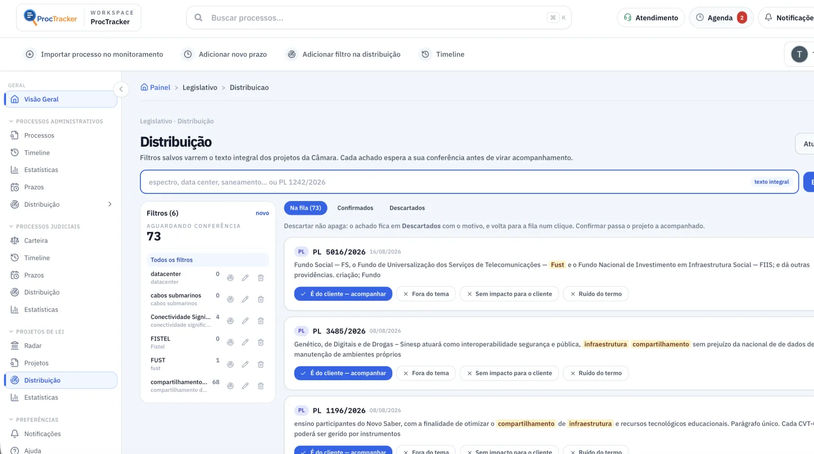 Tela de distribuição legislativa do ProcTracker com filtros por tema, casa e situação