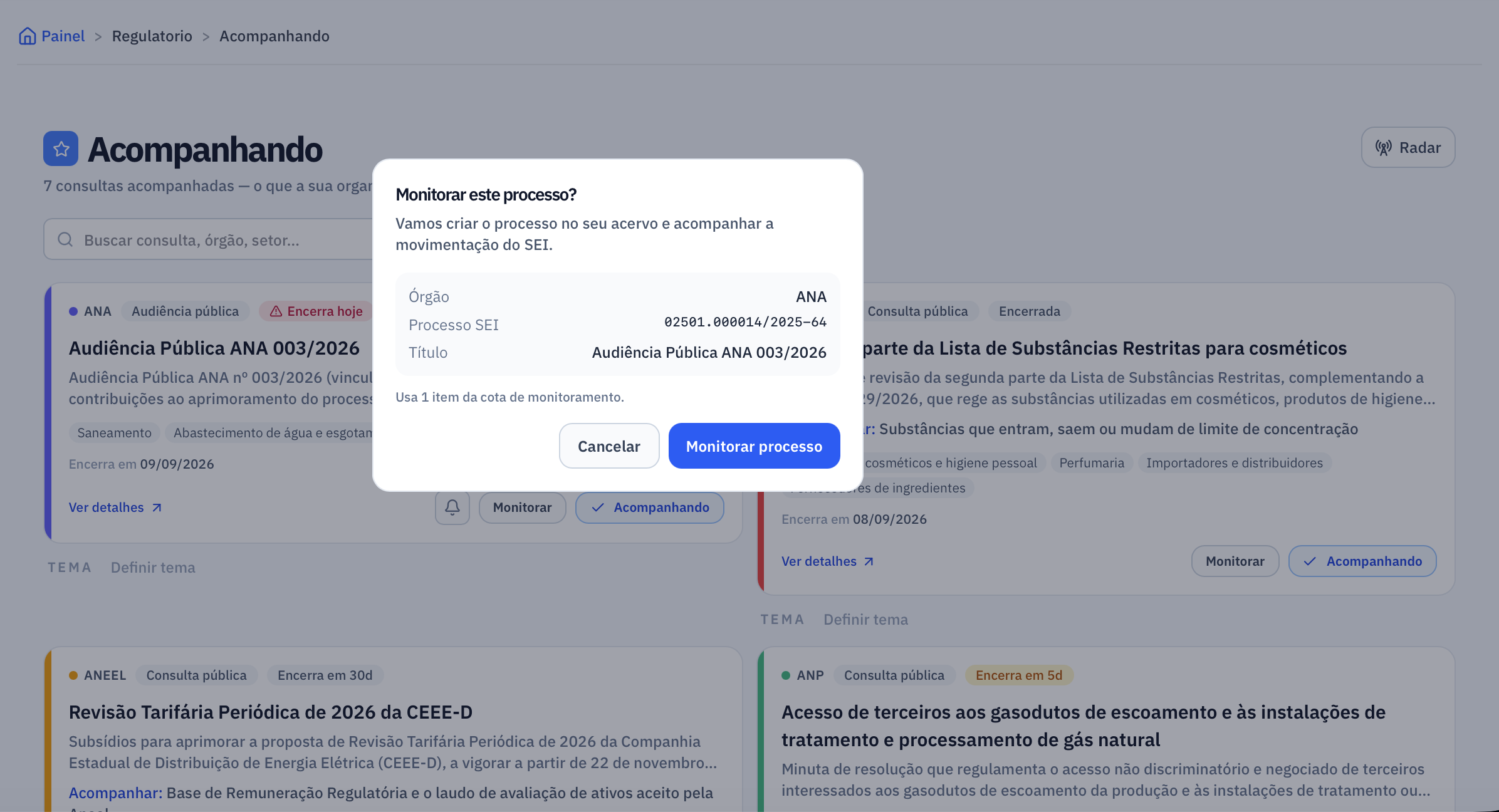 Consultas públicas em acompanhamento no ProcTracker, com responsável e andamentos