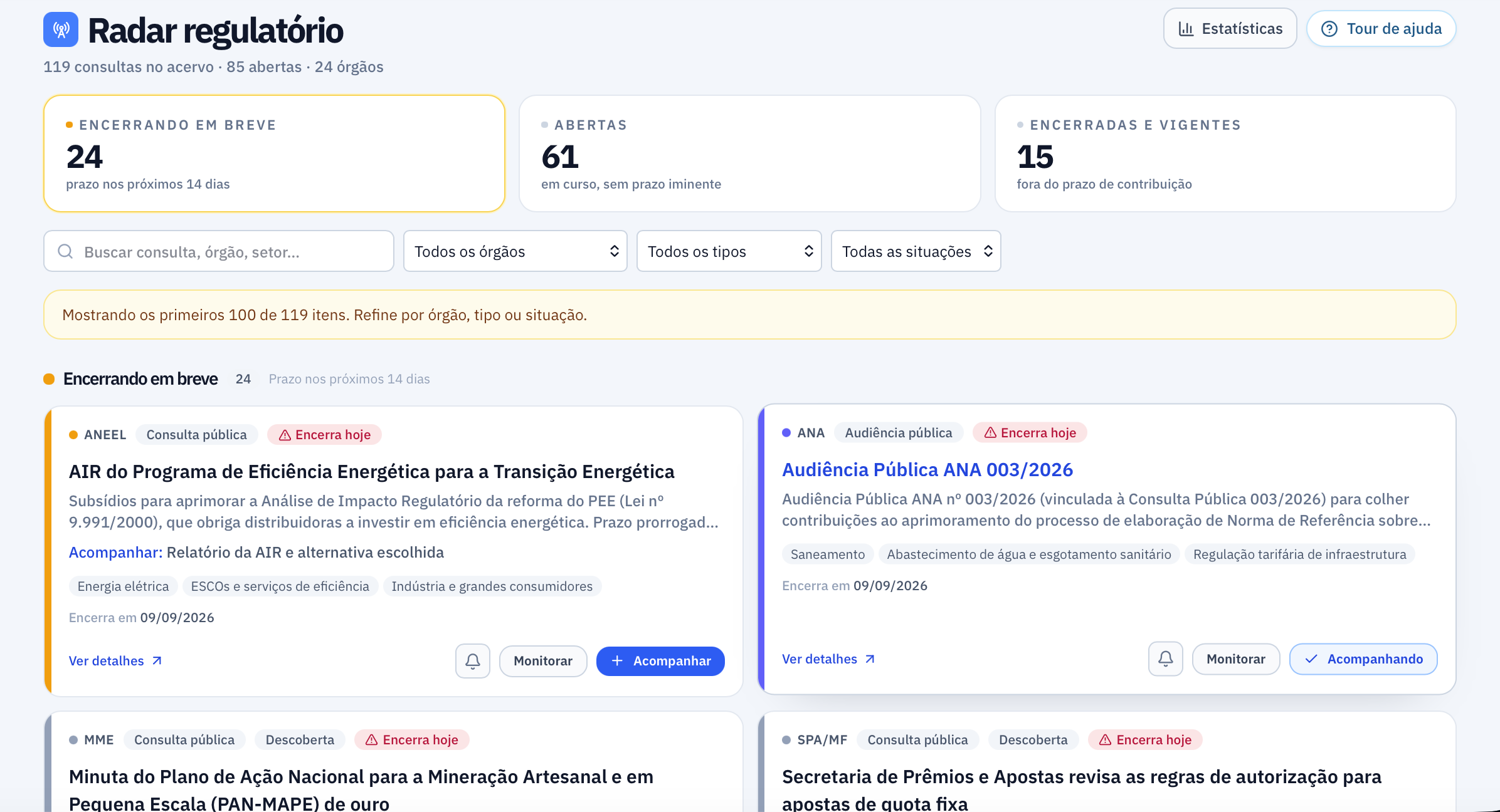 Radar Regulatório do ProcTracker com consultas públicas, filtros por ente e situação e prazos de contribuição