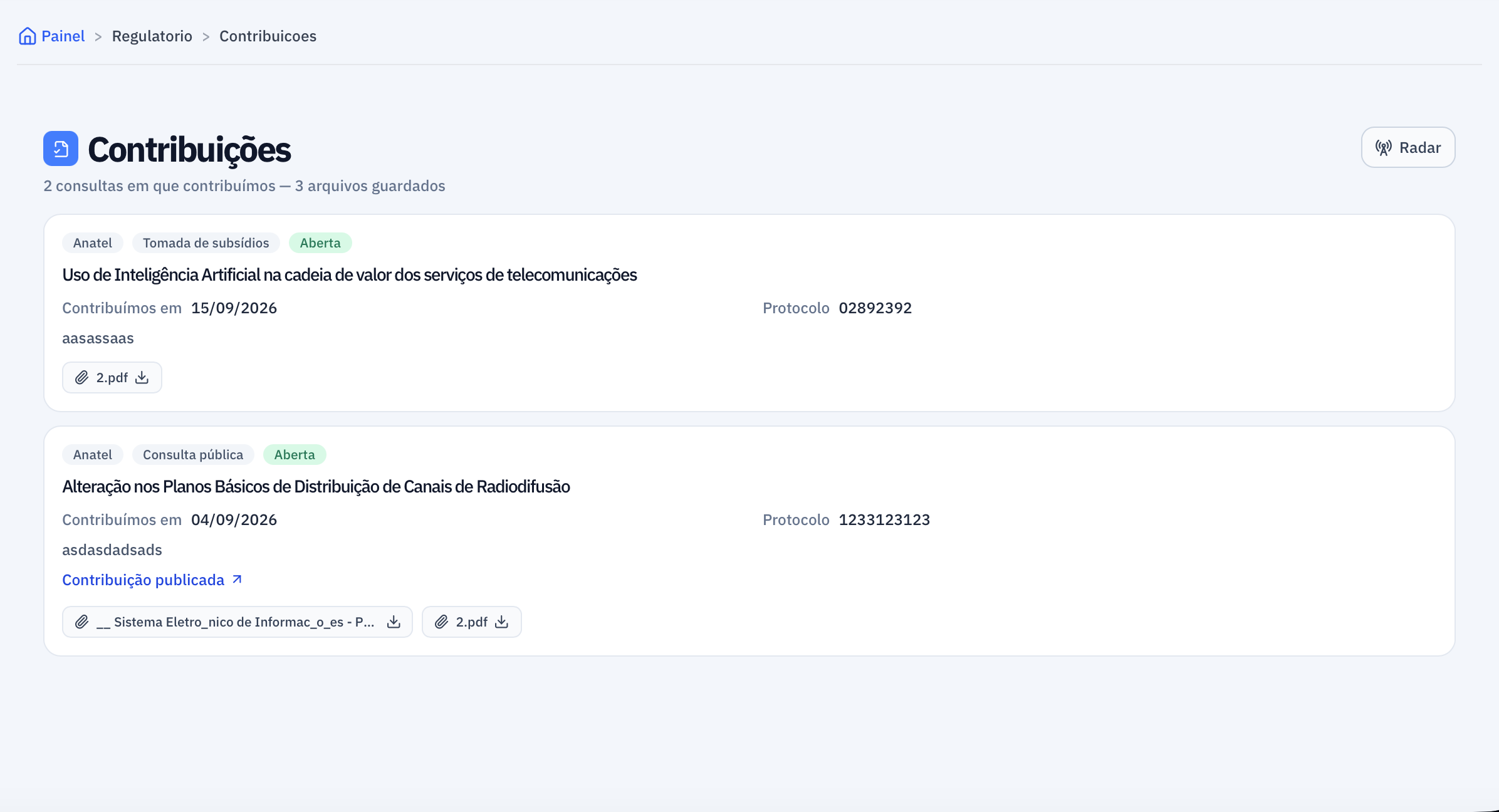 Histórico de contribuições em consultas públicas registrado no ProcTracker