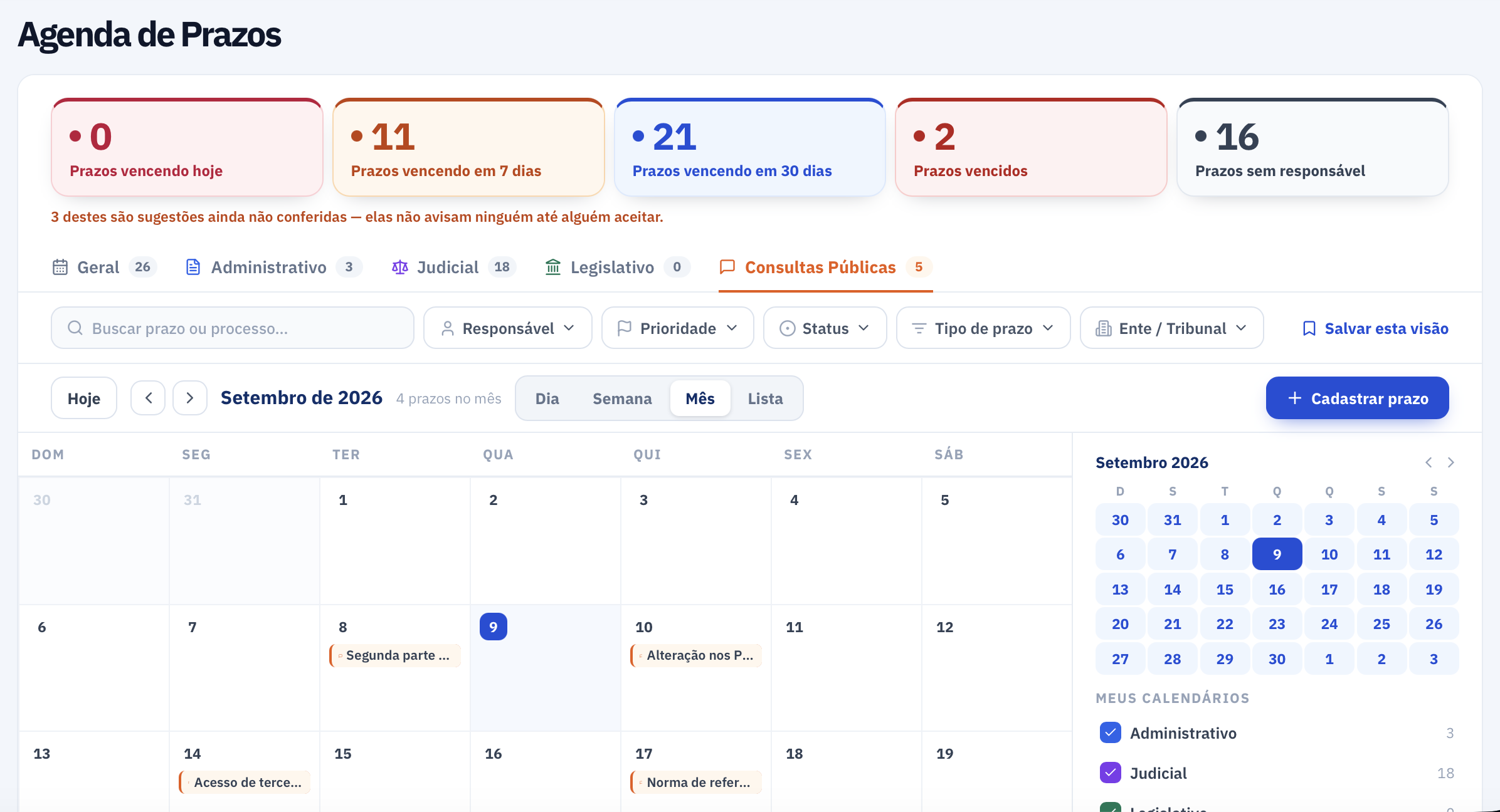 Prazos e lembretes de consultas públicas registrados no ProcTracker